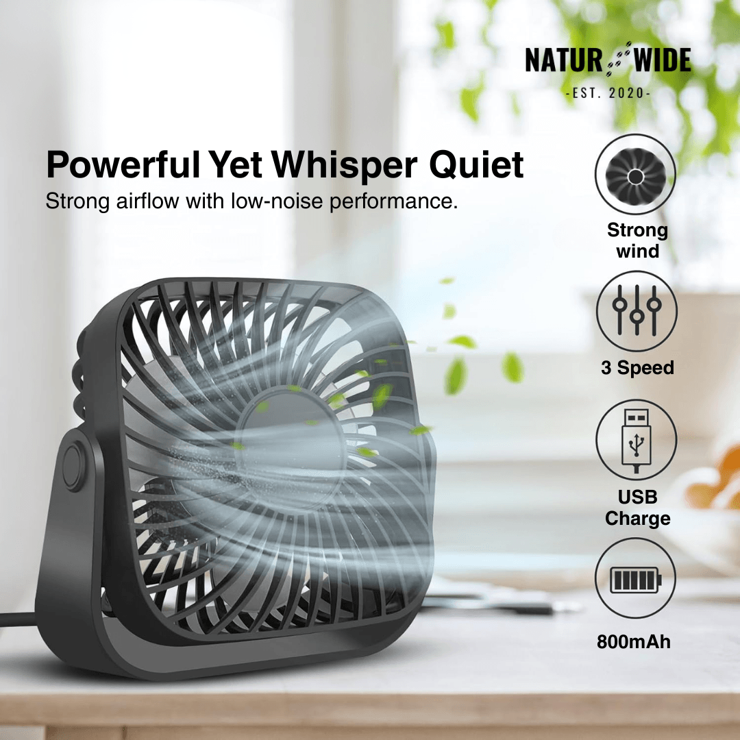 USB Mini Desk Fan – 4-Inch Portable 3-Speed 360° Adjustable Fan