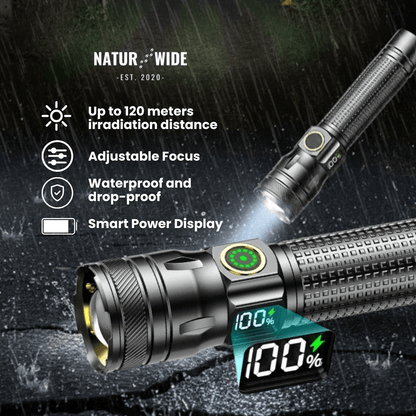 Aluminum LED Flashlight – Rechargeable, Waterproof &amp; Power Display