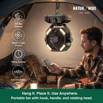 20000mAh Camping Fan with LED Lantern – 8-Speed Rechargeable Fan