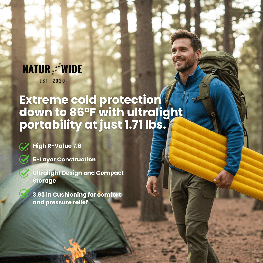 NaturWide 7.6R Camping Sleeping Pad – Ultralight, Self-Inflating &amp; Double-Reinforced