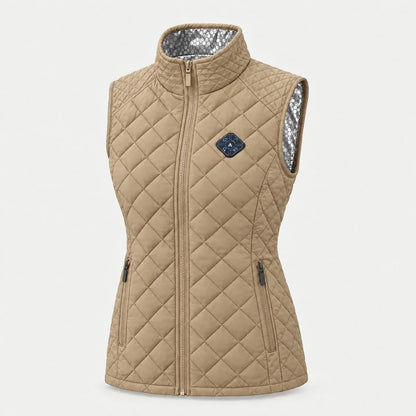 Women's heated vest in beige with high collar and diamond quilting, front view
