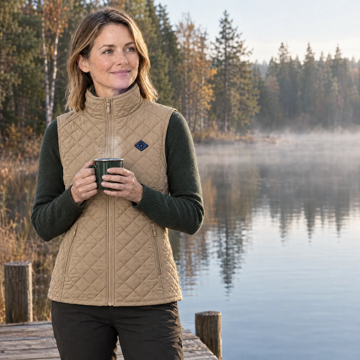 Woman in the beige heated vest holding a mug by a lake on a cold morning