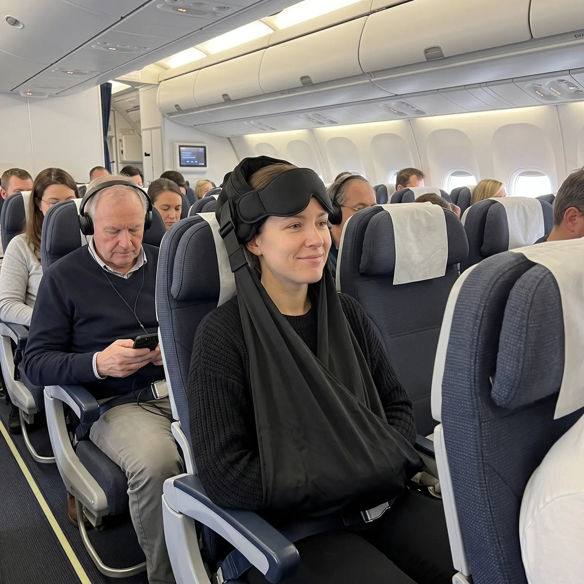Sliding the arms into the arm sling in an economy seat
