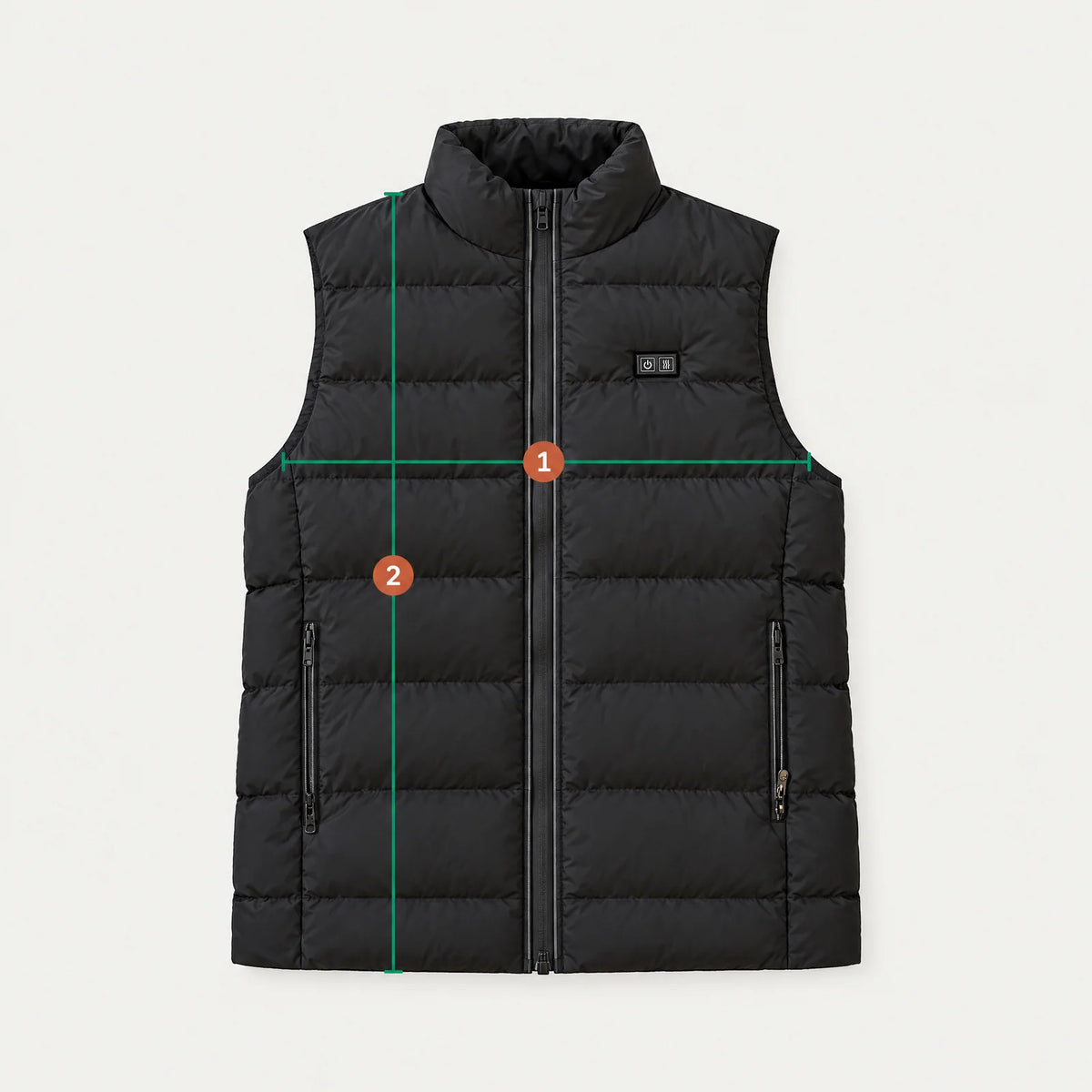 Measuring points of the vest: 1 chest, 2 length