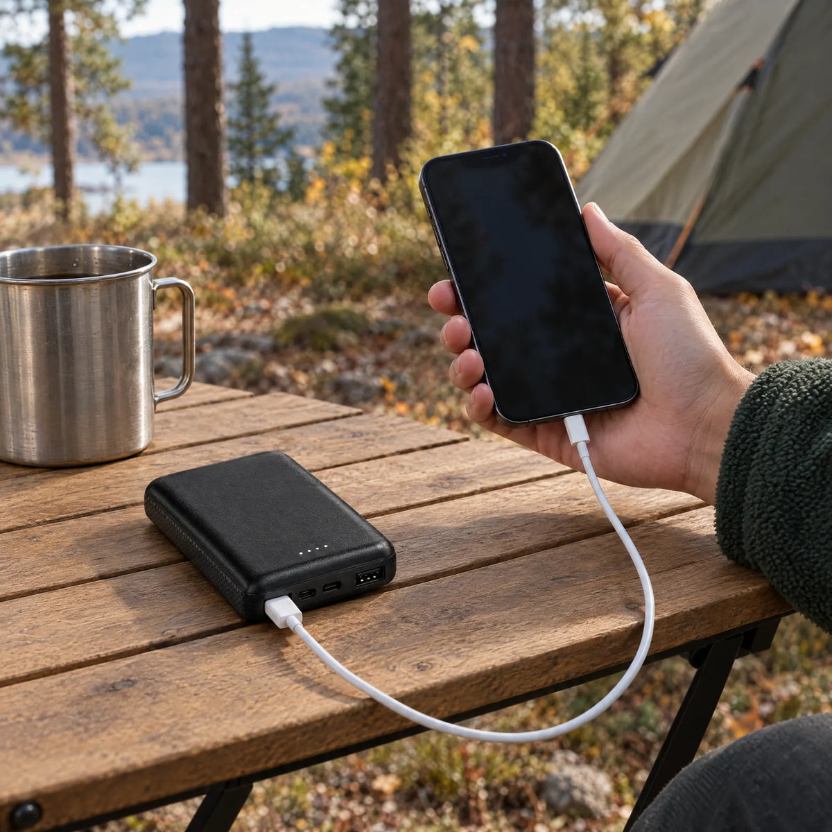 Charging a smartphone from the power bank while camping