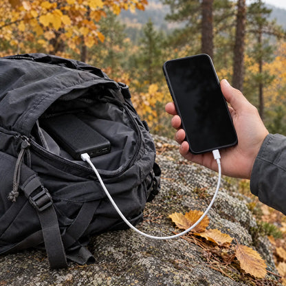 Charging a smartphone from the power bank in a backpack while hiking