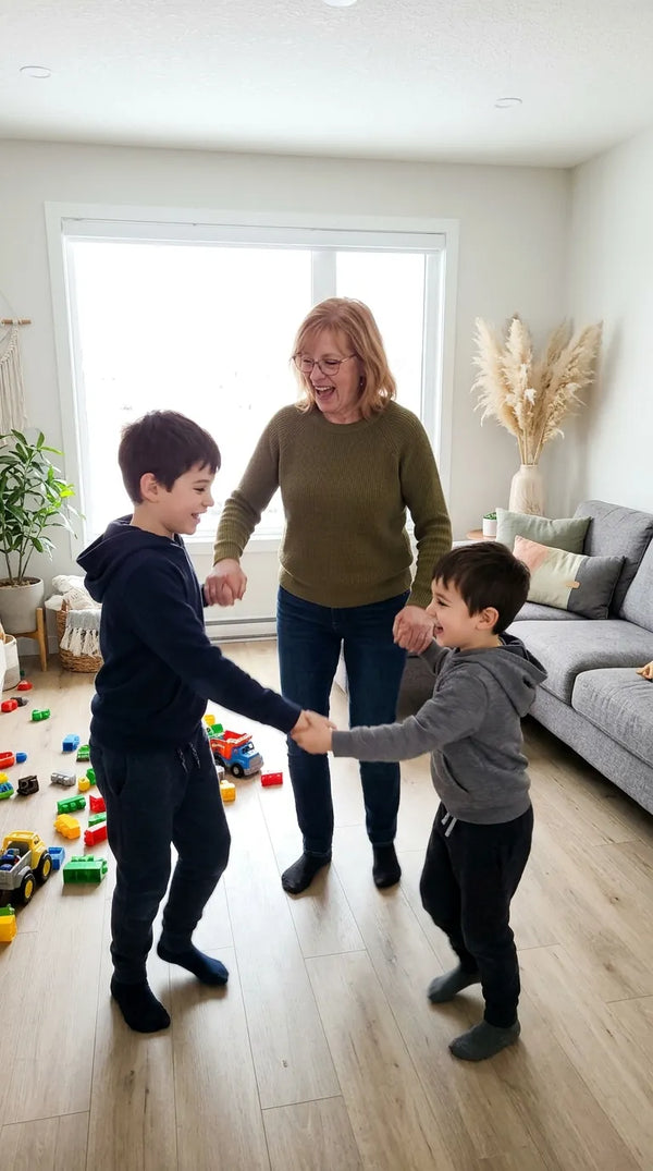 Grandmother dancing with her grandchildren in the living room