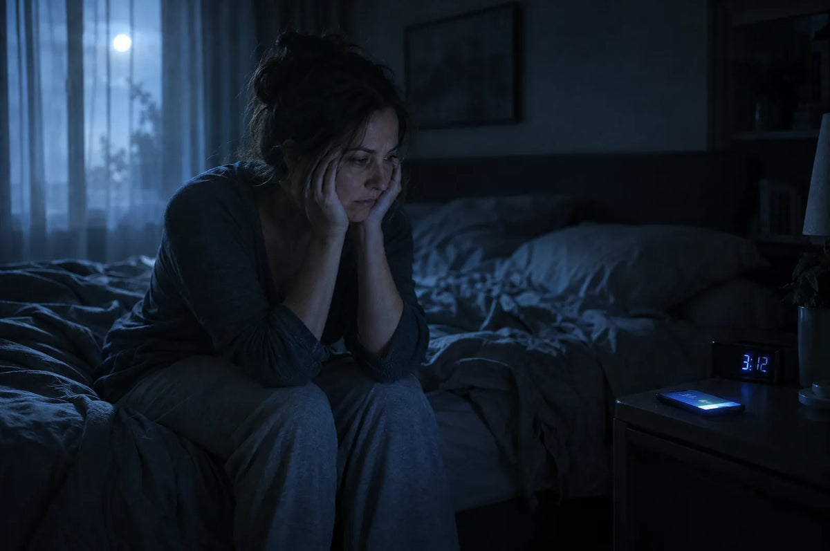 Woman awake at night, sitting on the edge of her bed